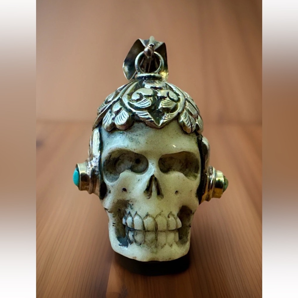 Handcrafted Bone Skull Pendant,Set In Tibetan Silver & Turquoise,2”in & 27grams